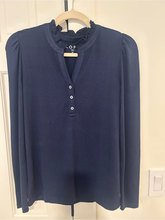 LOFT Tops - LOFT Navy Ruffle Collar Long Sleeve Henley